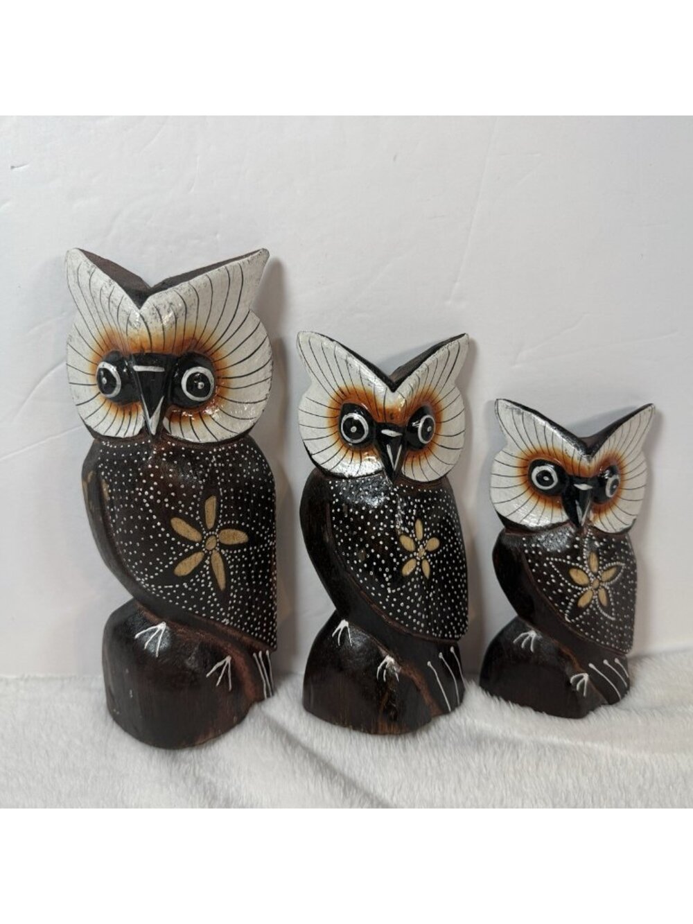 Folk Art Wood OWL Trio Hand Carved Painted Figurine Boho Indonesia